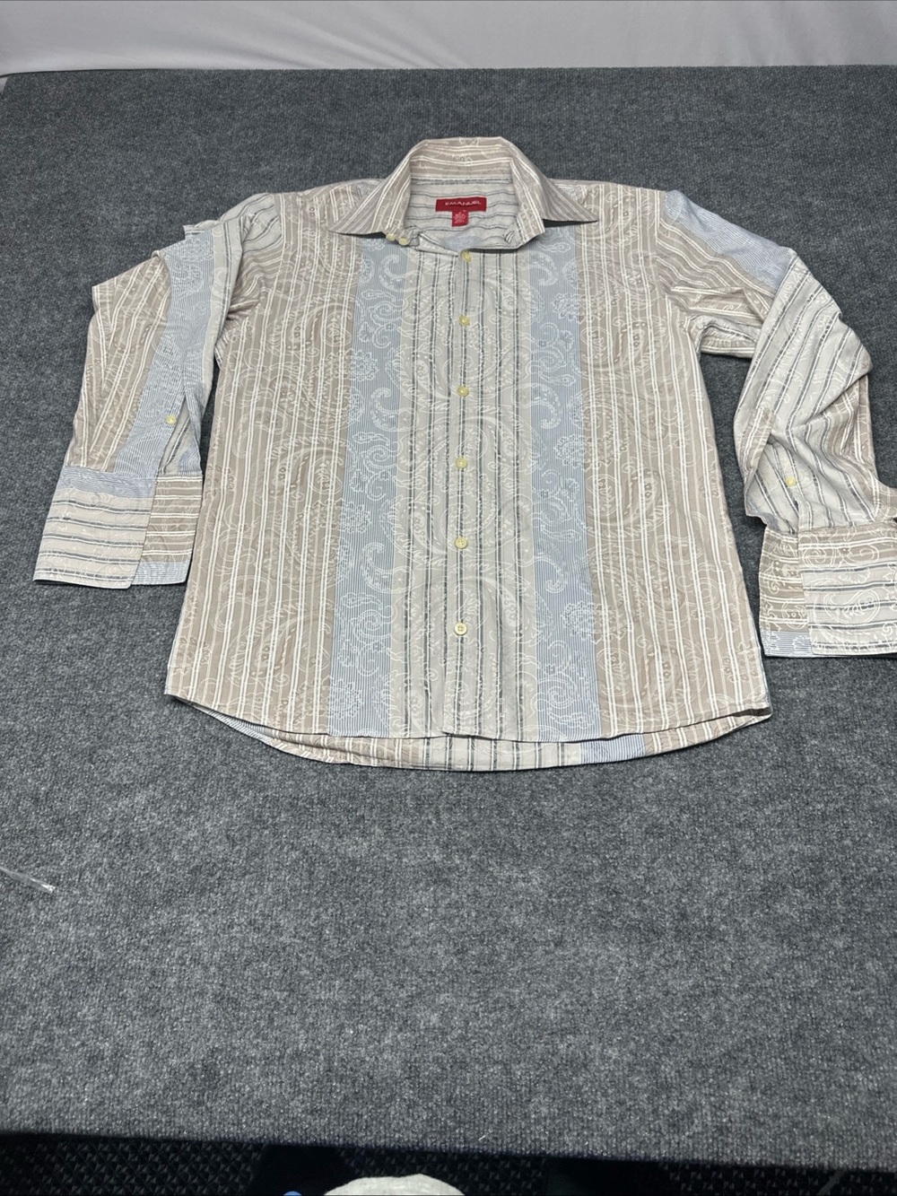 Men's Striped Paisley Button-Up Shirt in Beige and Light Blue